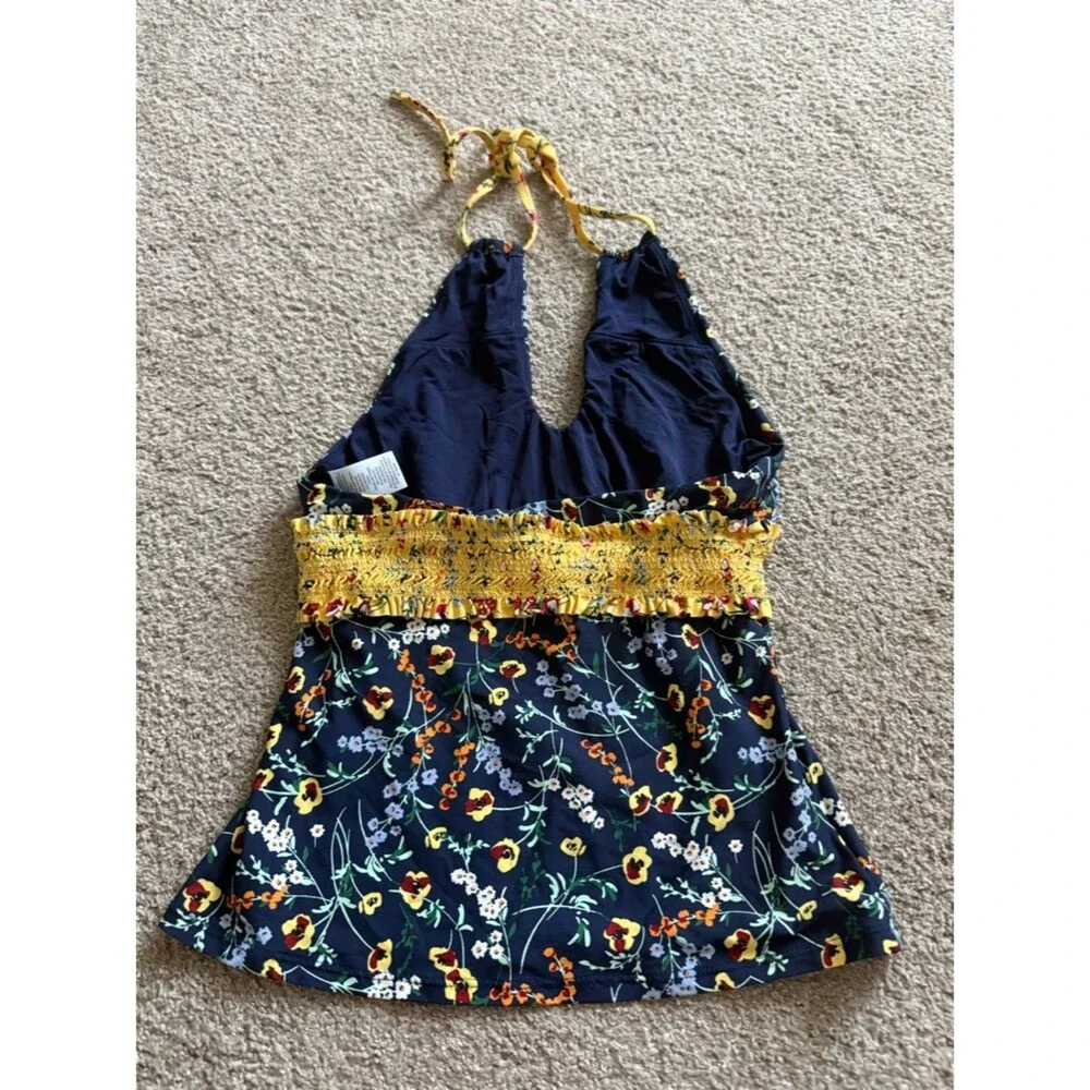 Anne Cole Navy Floral Halter Tankini Top with Yellow Smocked Waist Detail Size S